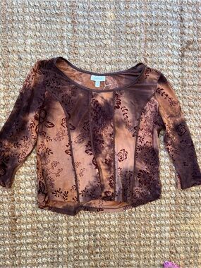 dressbarn Brown Burnout Floral Scoop Neck Top